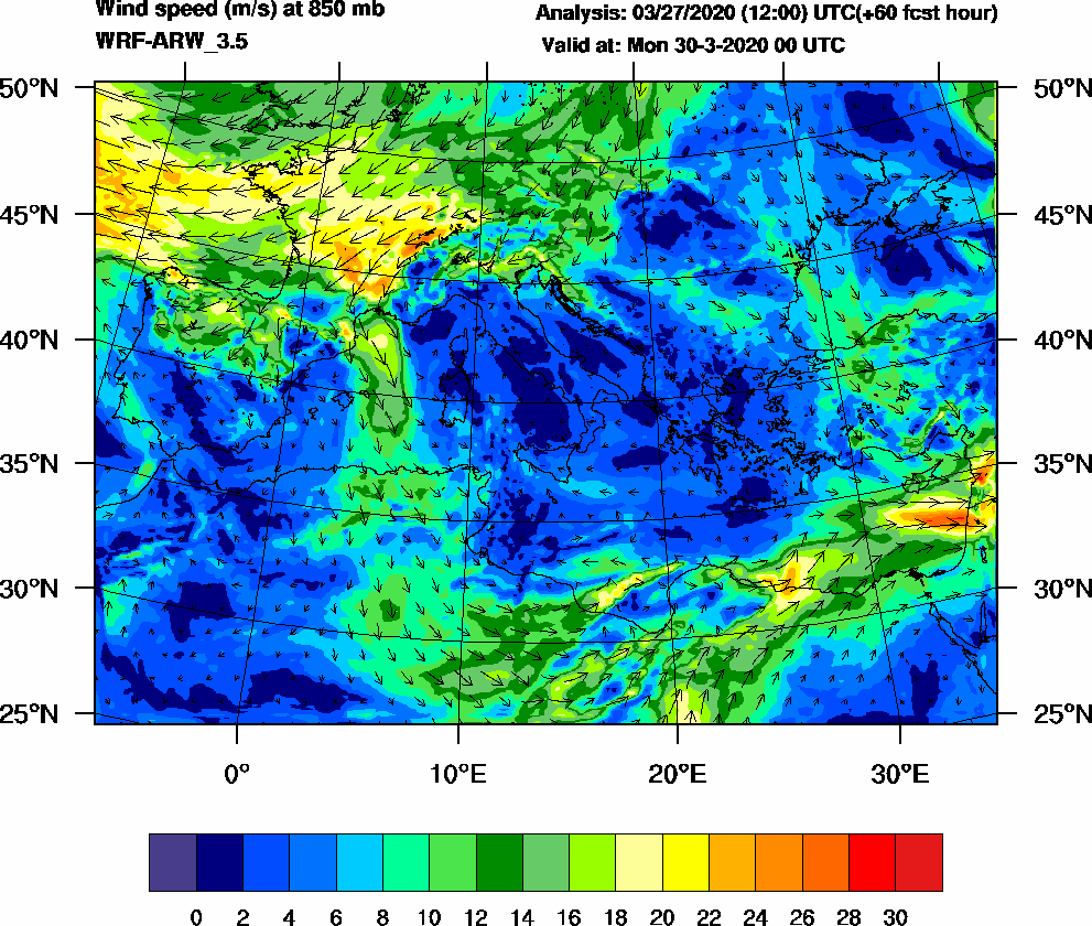 Wind speed (m/s) at 850 mb - 2020-03-30 00:00