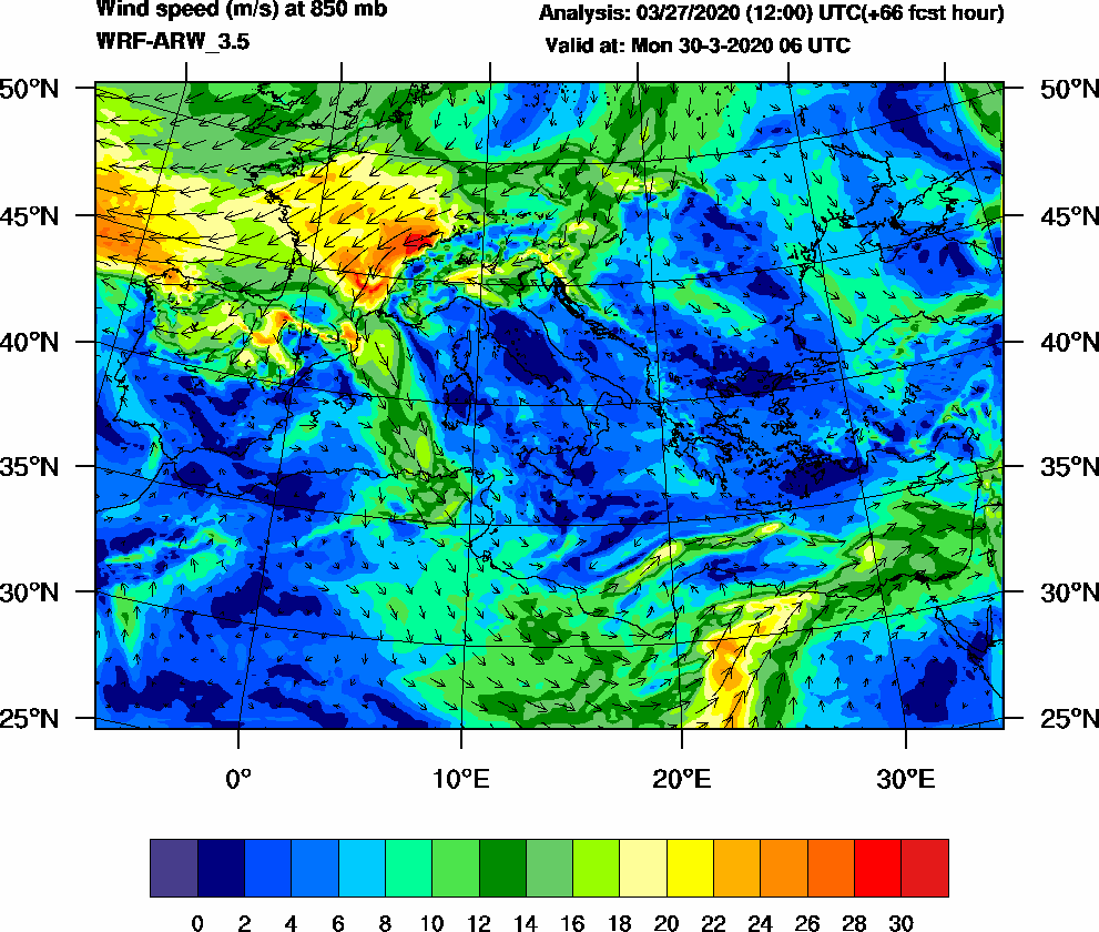 Wind speed (m/s) at 850 mb - 2020-03-30 06:00