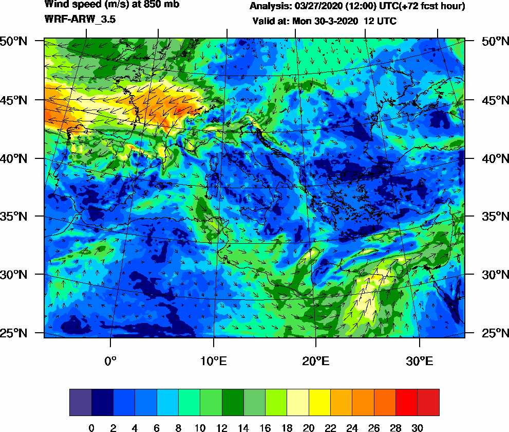 Wind speed (m/s) at 850 mb - 2020-03-30 12:00