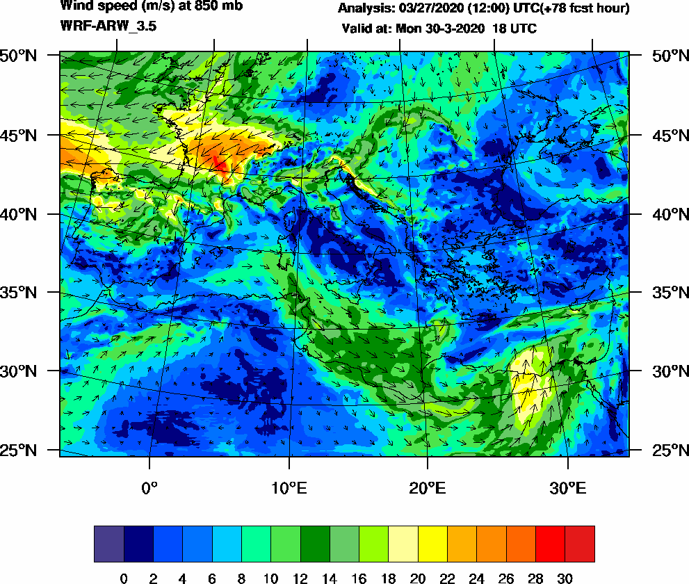 Wind speed (m/s) at 850 mb - 2020-03-30 18:00