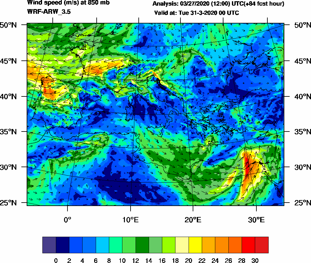 Wind speed (m/s) at 850 mb - 2020-03-31 00:00