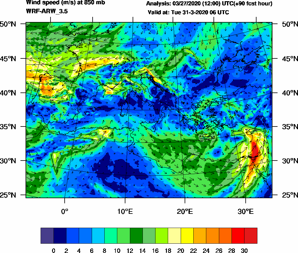 Wind speed (m/s) at 850 mb - 2020-03-31 06:00