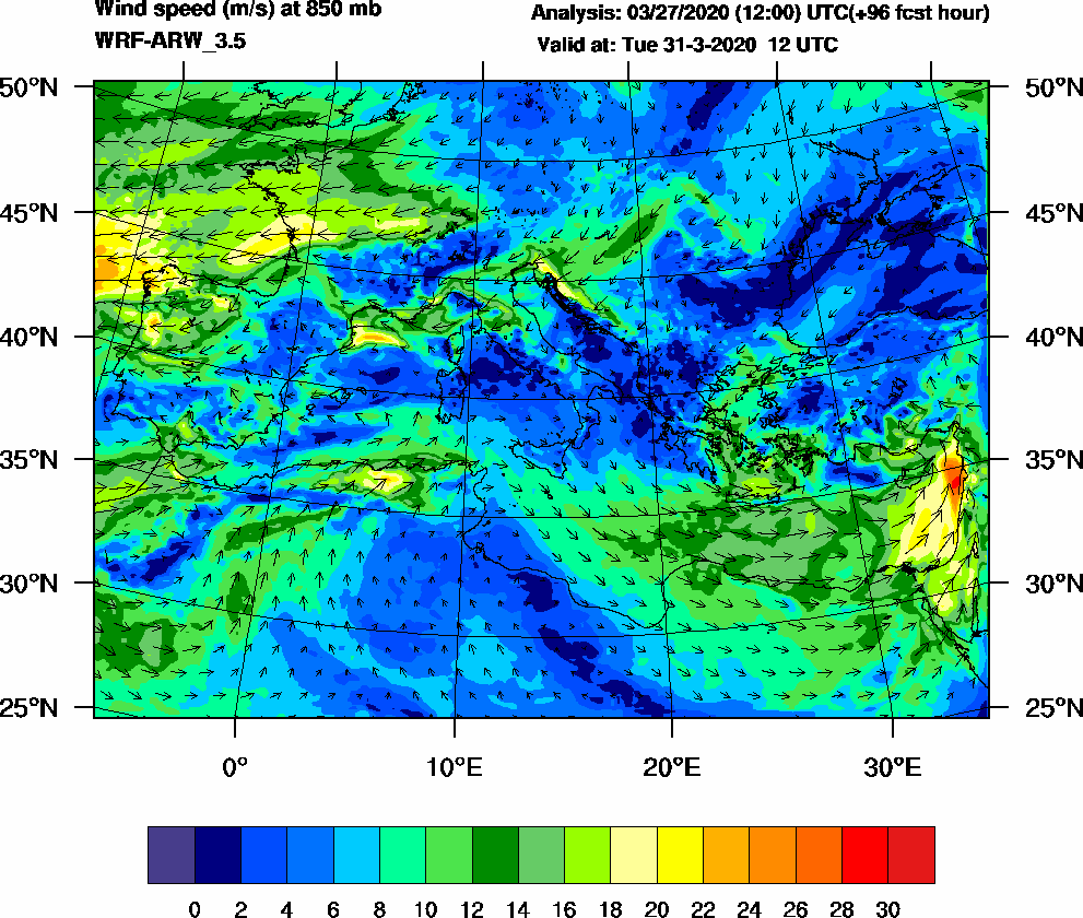 Wind speed (m/s) at 850 mb - 2020-03-31 12:00