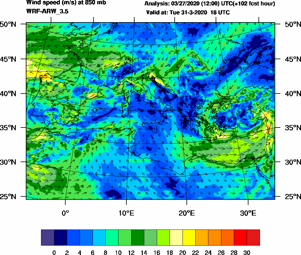 Wind speed (m/s) at 850 mb - 2020-03-31 18:00