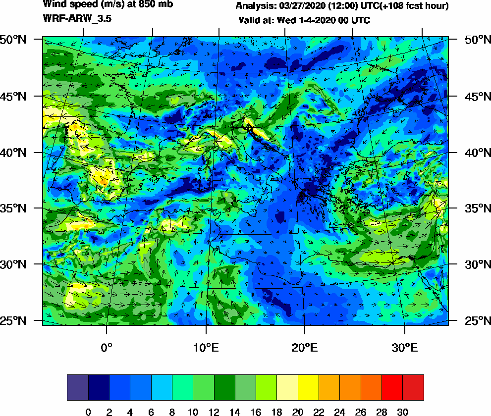 Wind speed (m/s) at 850 mb - 2020-04-01 00:00