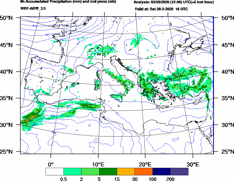 6h Accumulated Precipitation (mm) and msl press (mb) - 2020-03-28 12:00