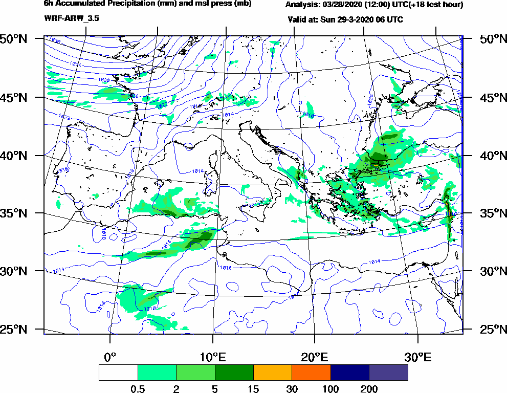 6h Accumulated Precipitation (mm) and msl press (mb) - 2020-03-29 00:00