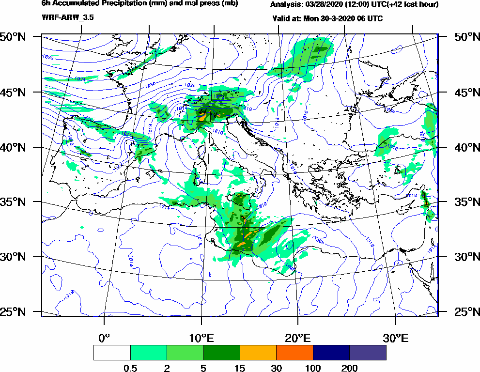 6h Accumulated Precipitation (mm) and msl press (mb) - 2020-03-30 00:00