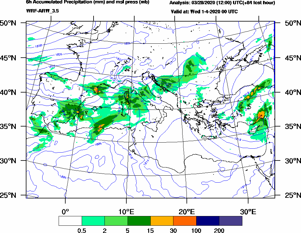 6h Accumulated Precipitation (mm) and msl press (mb) - 2020-03-31 18:00