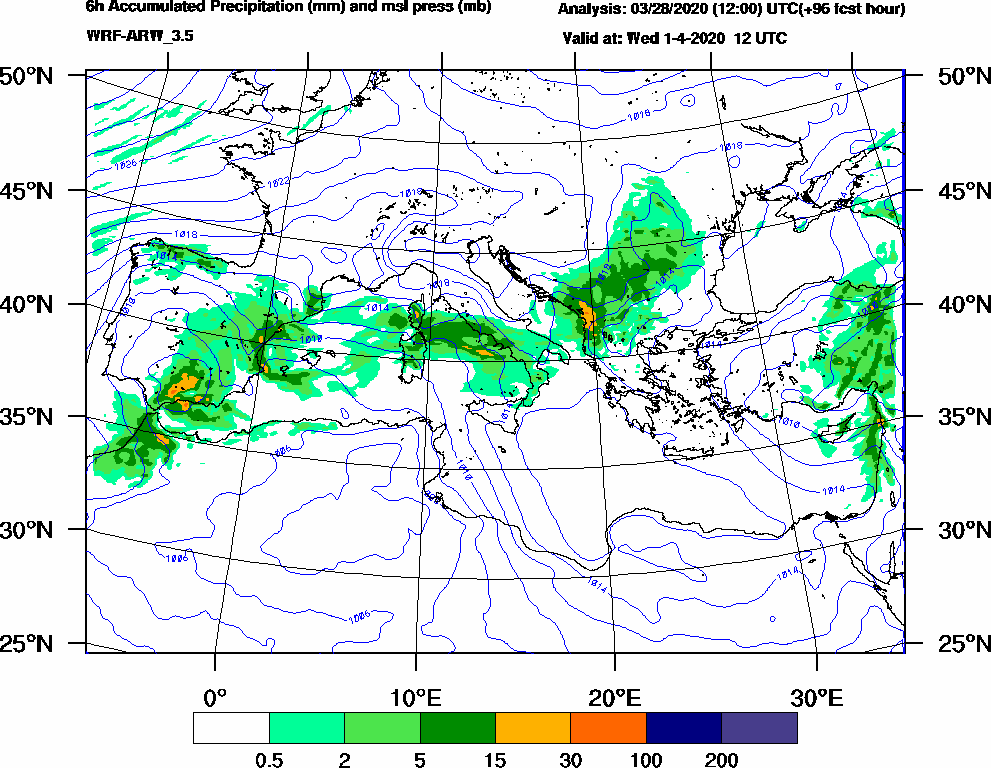6h Accumulated Precipitation (mm) and msl press (mb) - 2020-04-01 06:00