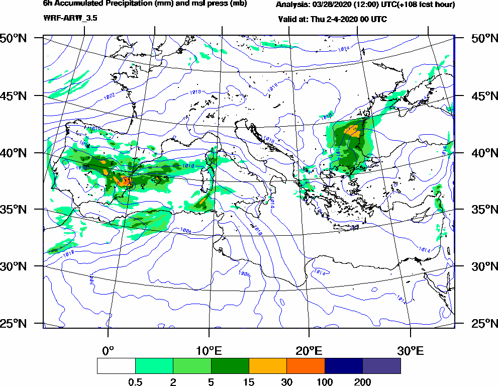 6h Accumulated Precipitation (mm) and msl press (mb) - 2020-04-01 18:00