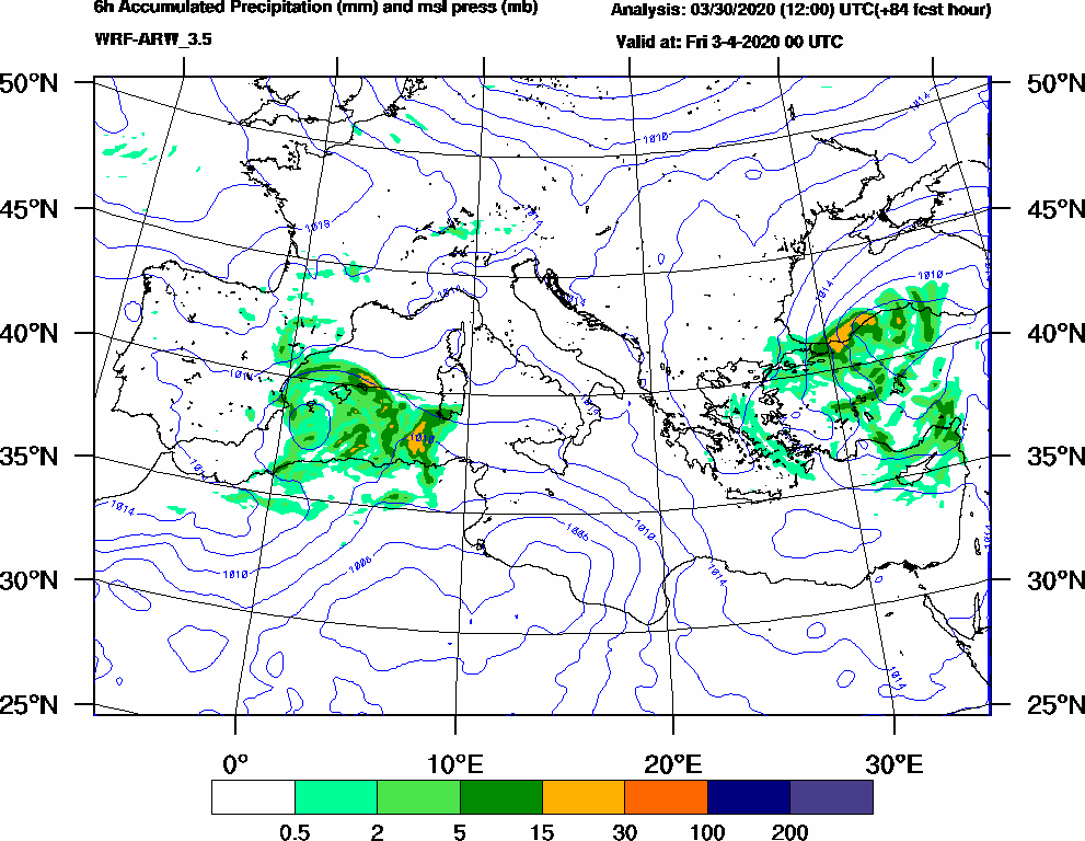 6h Accumulated Precipitation (mm) and msl press (mb) - 2020-04-02 18:00