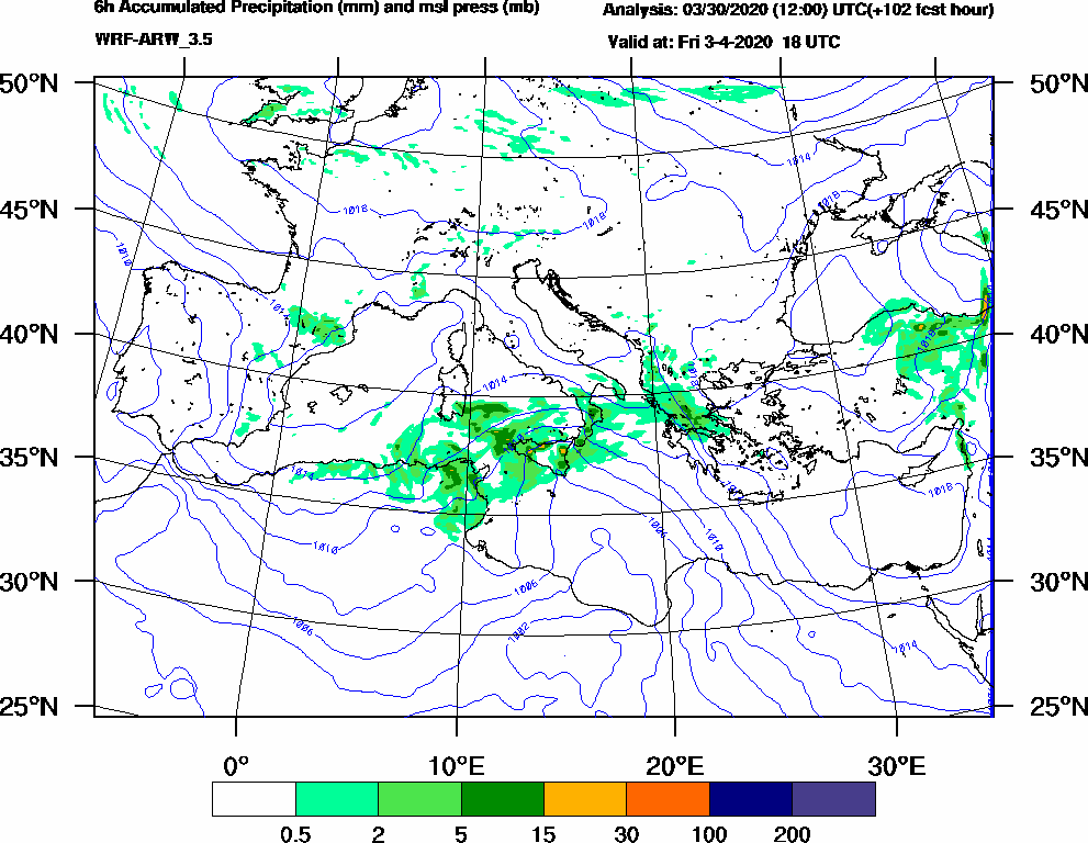 6h Accumulated Precipitation (mm) and msl press (mb) - 2020-04-03 12:00