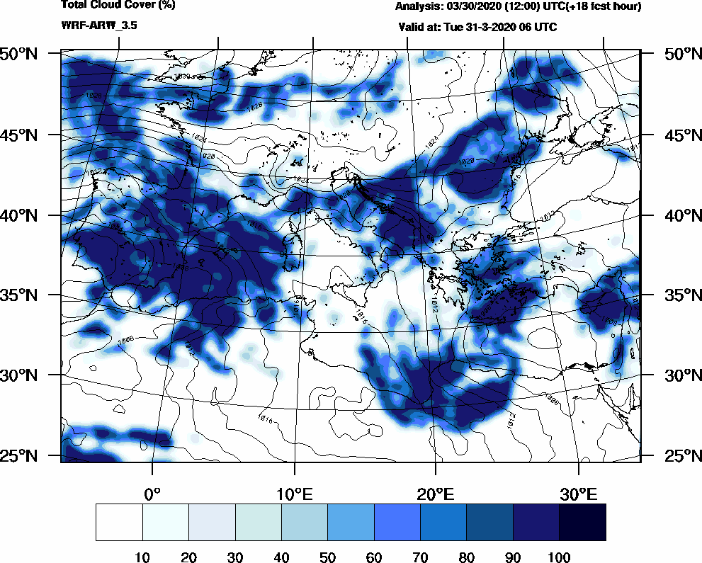 Total cloud cover (%) - 2020-03-31 00:00