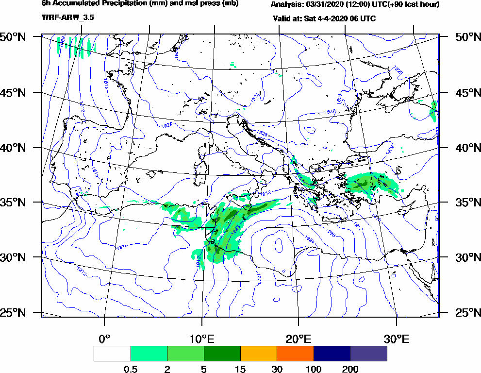 6h Accumulated Precipitation (mm) and msl press (mb) - 2020-04-04 00:00
