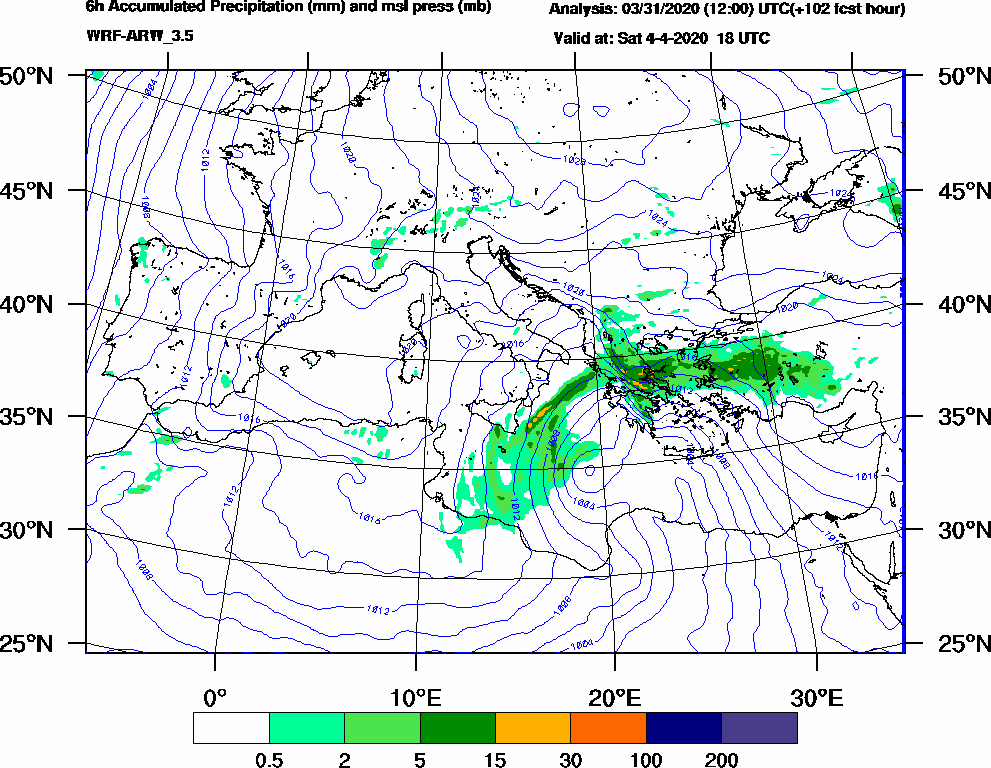 6h Accumulated Precipitation (mm) and msl press (mb) - 2020-04-04 12:00