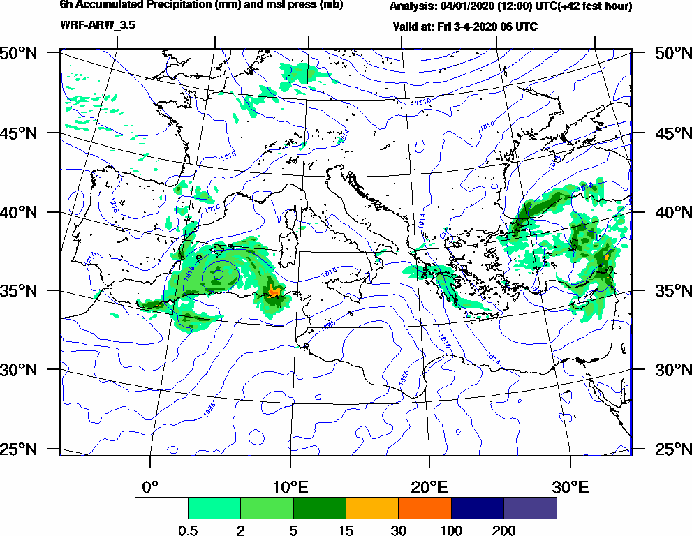 6h Accumulated Precipitation (mm) and msl press (mb) - 2020-04-03 00:00