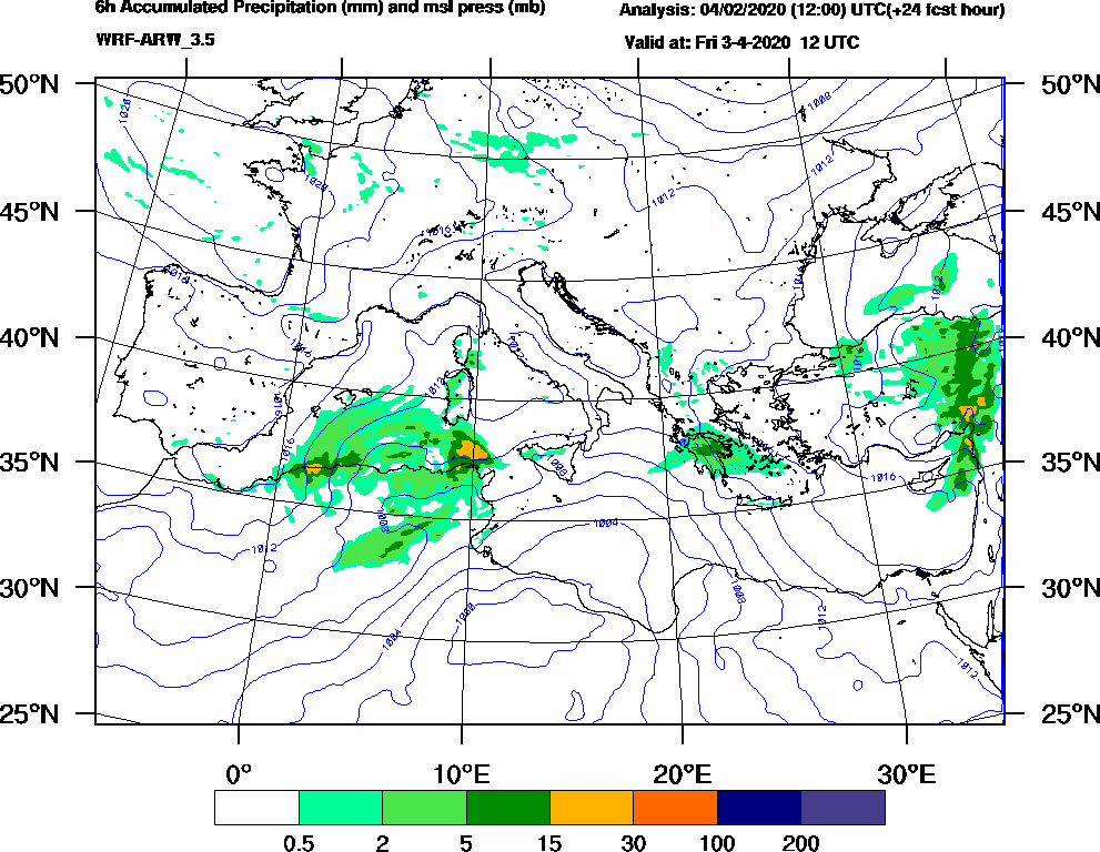 6h Accumulated Precipitation (mm) and msl press (mb) - 2020-04-03 06:00