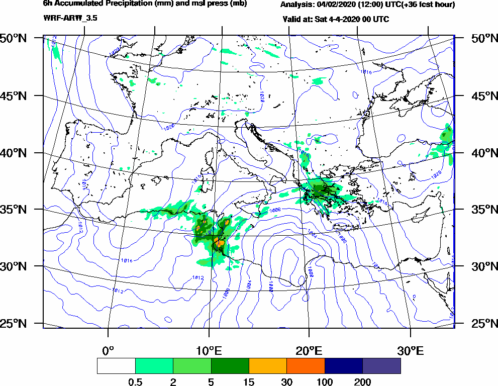 6h Accumulated Precipitation (mm) and msl press (mb) - 2020-04-03 18:00