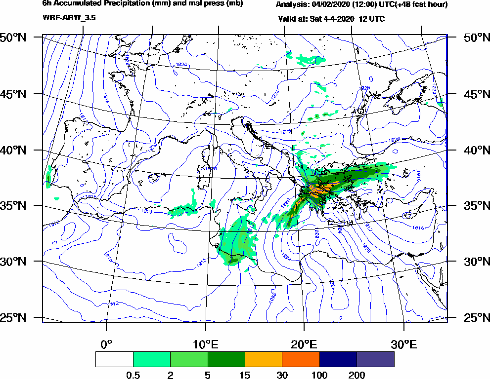 6h Accumulated Precipitation (mm) and msl press (mb) - 2020-04-04 06:00