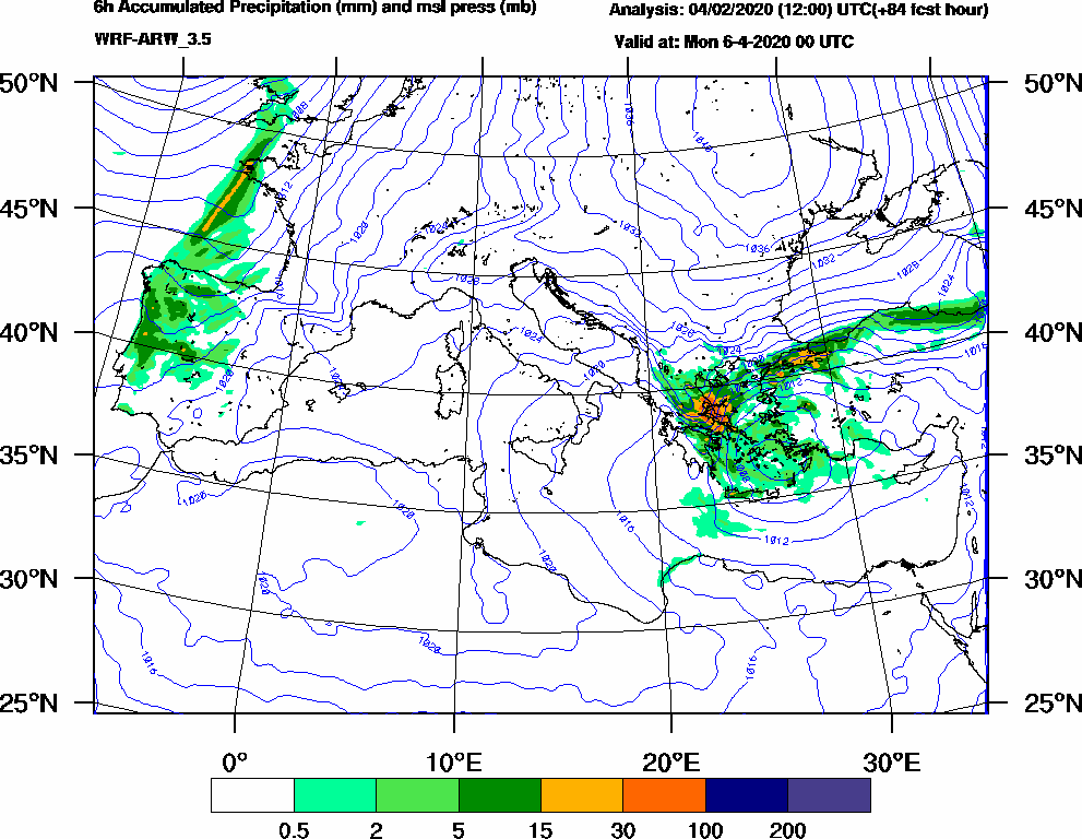 6h Accumulated Precipitation (mm) and msl press (mb) - 2020-04-05 18:00