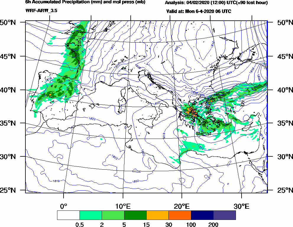 6h Accumulated Precipitation (mm) and msl press (mb) - 2020-04-06 00:00