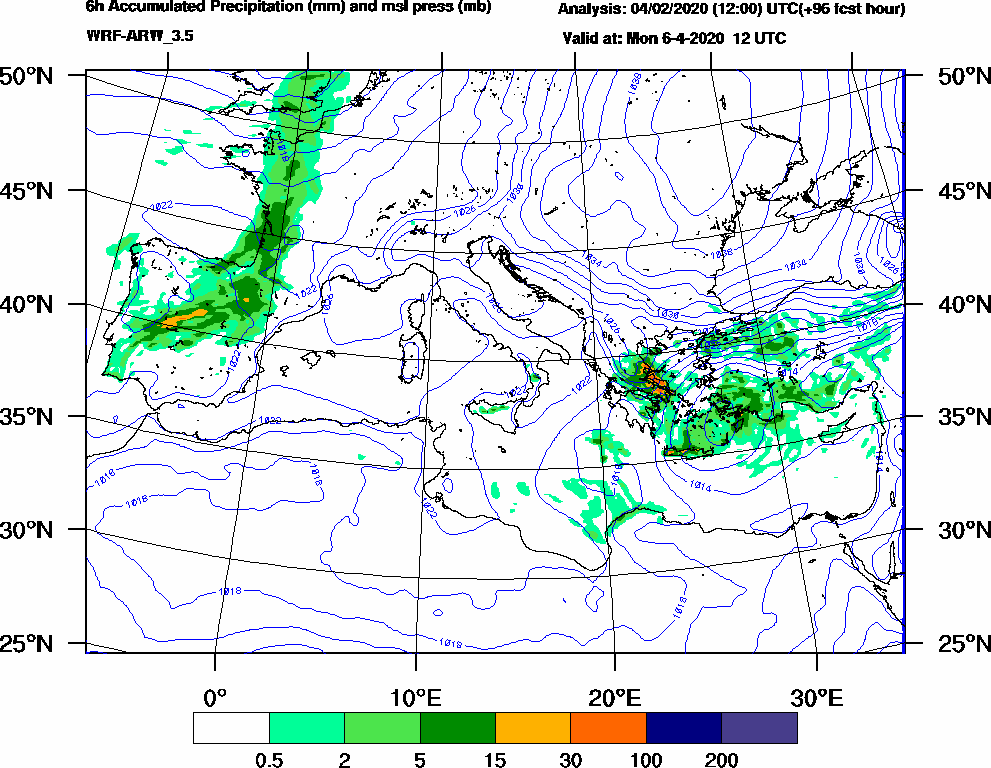 6h Accumulated Precipitation (mm) and msl press (mb) - 2020-04-06 06:00