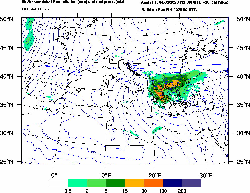 6h Accumulated Precipitation (mm) and msl press (mb) - 2020-04-04 18:00