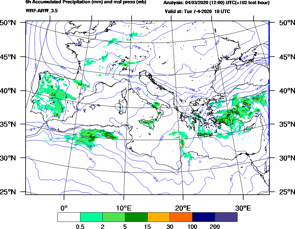 6h Accumulated Precipitation (mm) and msl press (mb) - 2020-04-07 12:00