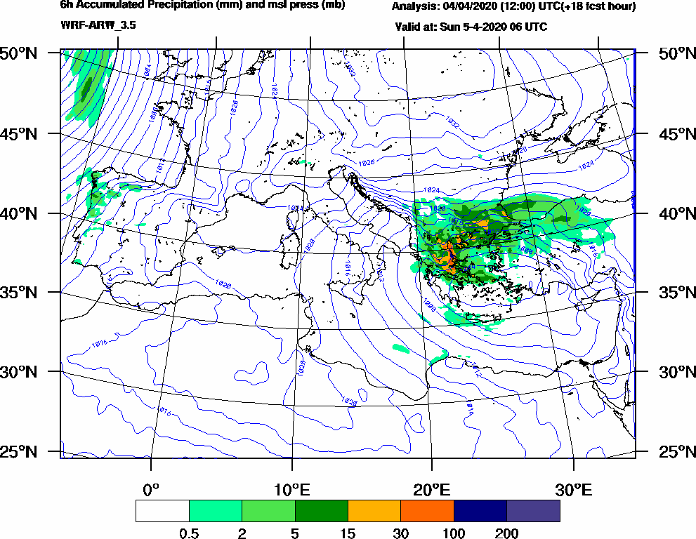 6h Accumulated Precipitation (mm) and msl press (mb) - 2020-04-05 00:00