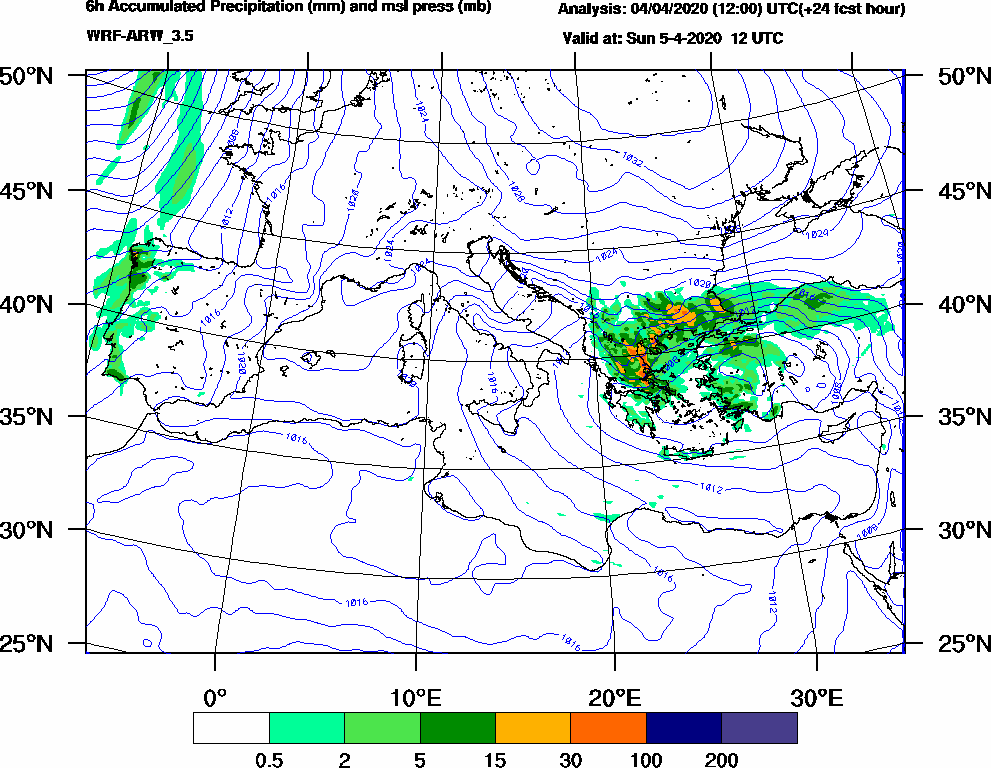 6h Accumulated Precipitation (mm) and msl press (mb) - 2020-04-05 06:00