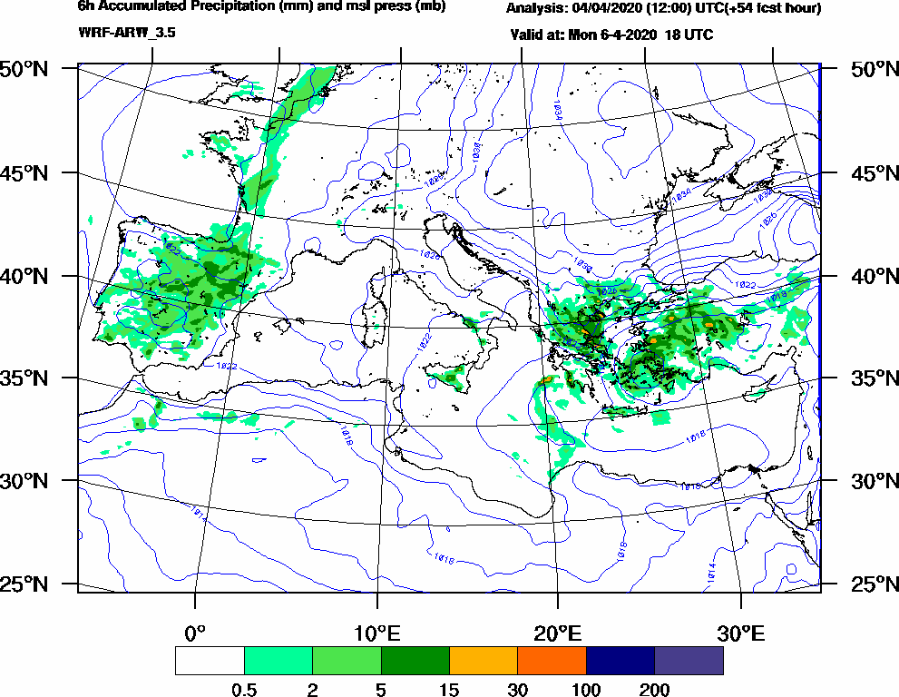 6h Accumulated Precipitation (mm) and msl press (mb) - 2020-04-06 12:00