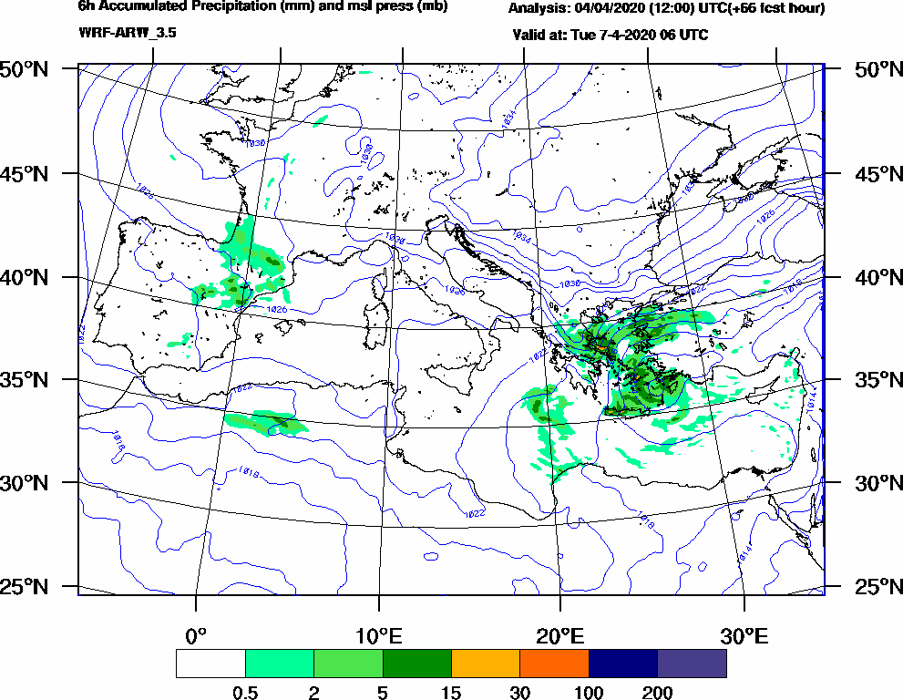 6h Accumulated Precipitation (mm) and msl press (mb) - 2020-04-07 00:00