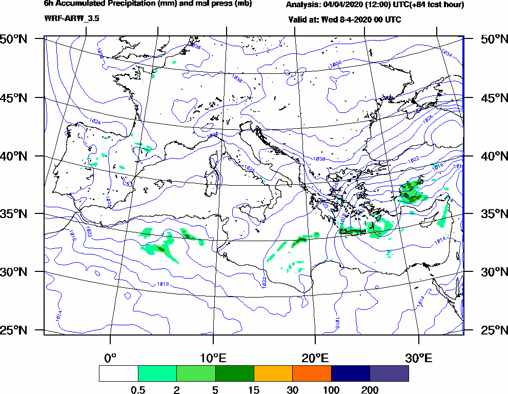 6h Accumulated Precipitation (mm) and msl press (mb) - 2020-04-07 18:00