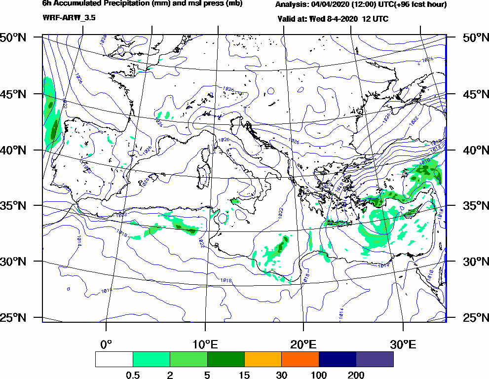 6h Accumulated Precipitation (mm) and msl press (mb) - 2020-04-08 06:00
