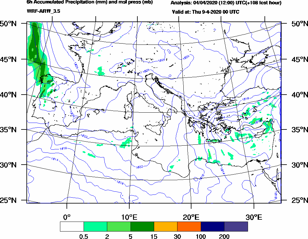 6h Accumulated Precipitation (mm) and msl press (mb) - 2020-04-08 18:00