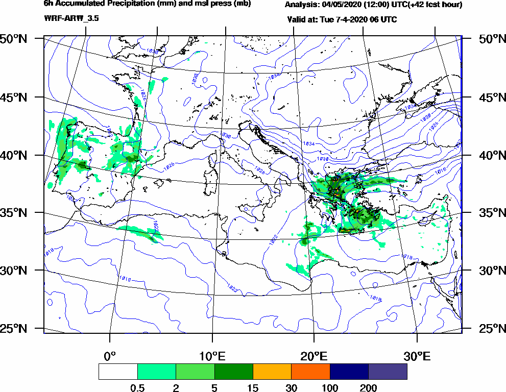 6h Accumulated Precipitation (mm) and msl press (mb) - 2020-04-07 00:00