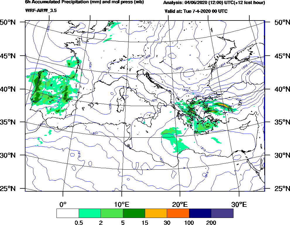 6h Accumulated Precipitation (mm) and msl press (mb) - 2020-04-06 18:00
