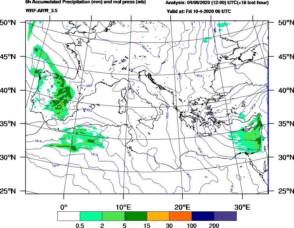 6h Accumulated Precipitation (mm) and msl press (mb) - 2020-04-10 00:00