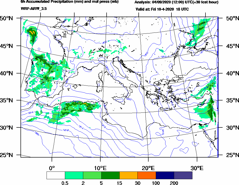6h Accumulated Precipitation (mm) and msl press (mb) - 2020-04-10 12:00