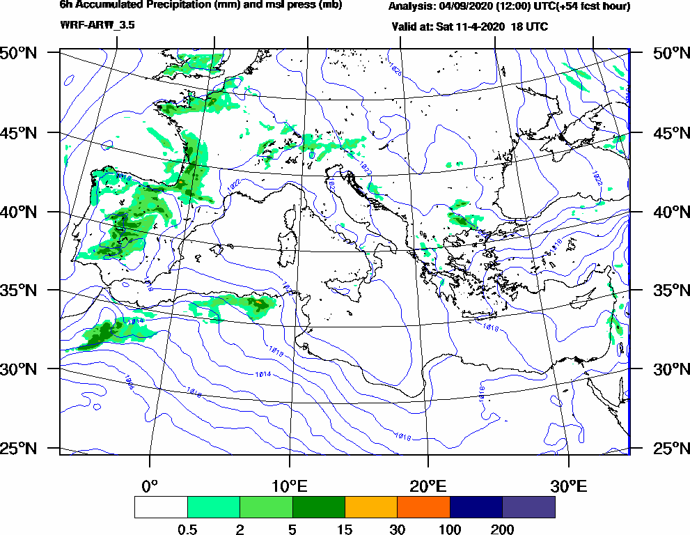 6h Accumulated Precipitation (mm) and msl press (mb) - 2020-04-11 12:00