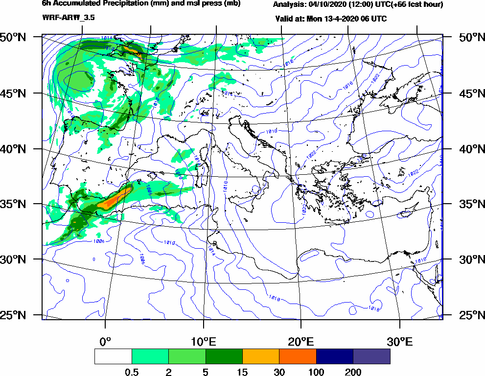 6h Accumulated Precipitation (mm) and msl press (mb) - 2020-04-13 00:00