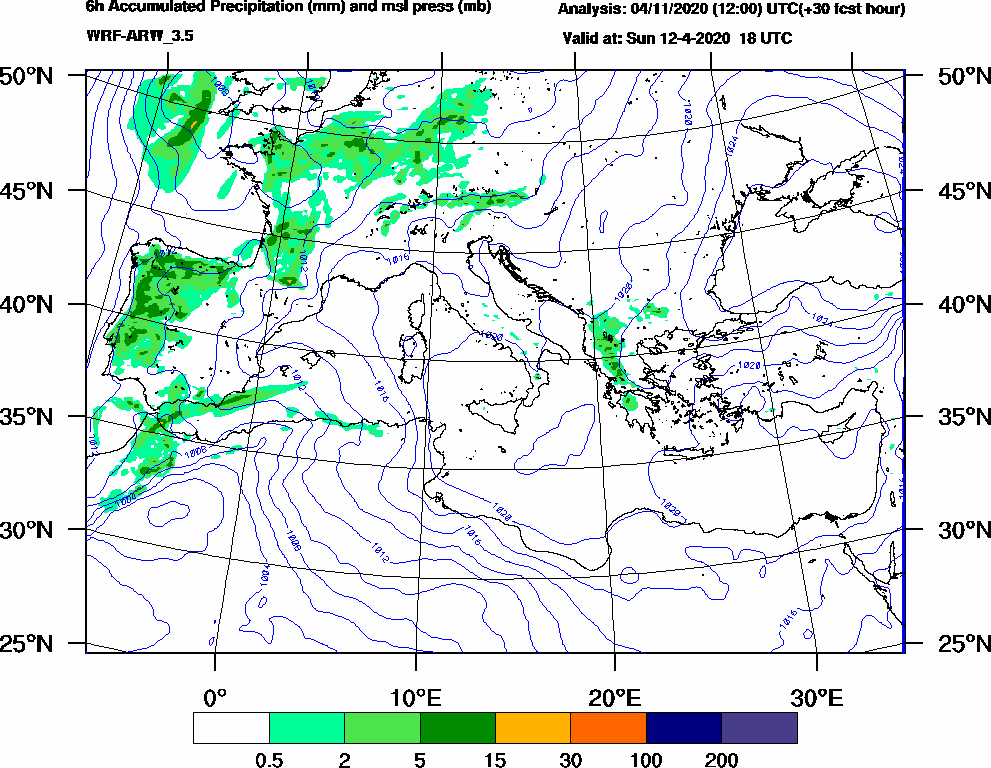 6h Accumulated Precipitation (mm) and msl press (mb) - 2020-04-12 12:00