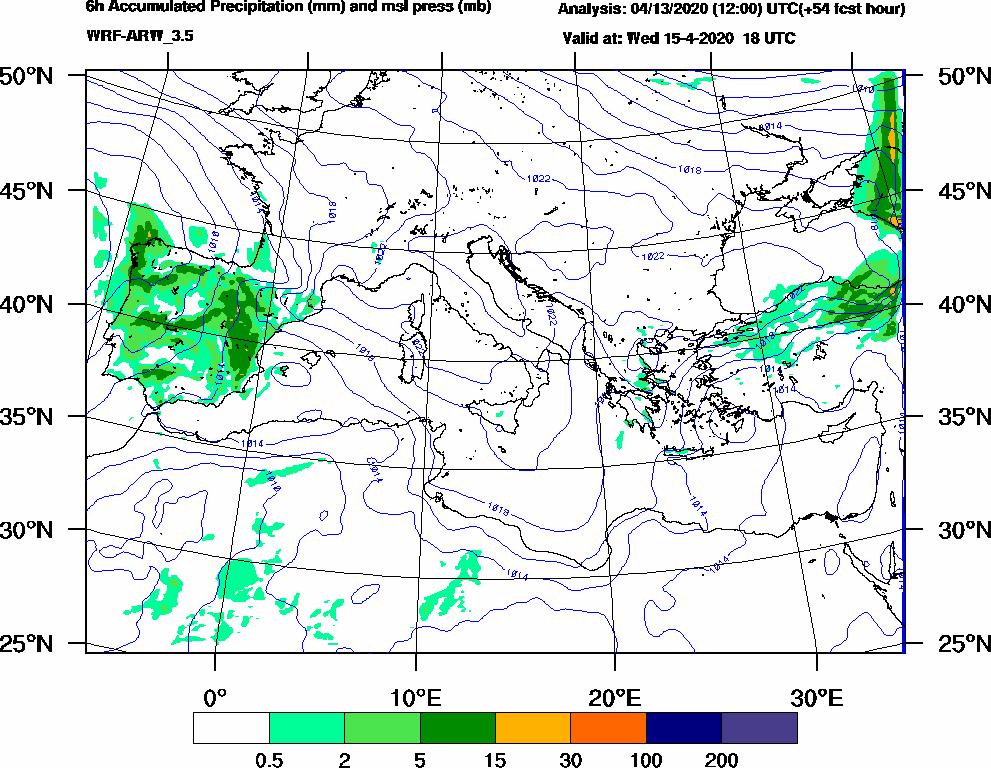 6h Accumulated Precipitation (mm) and msl press (mb) - 2020-04-15 12:00