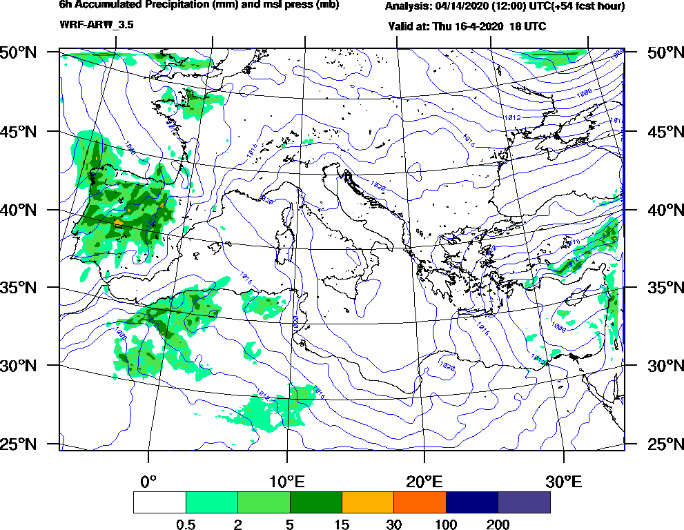 6h Accumulated Precipitation (mm) and msl press (mb) - 2020-04-16 12:00