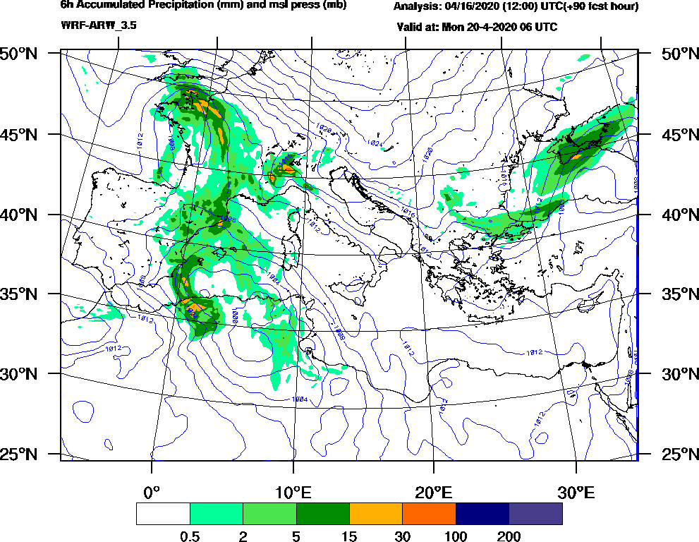 6h Accumulated Precipitation (mm) and msl press (mb) - 2020-04-20 00:00