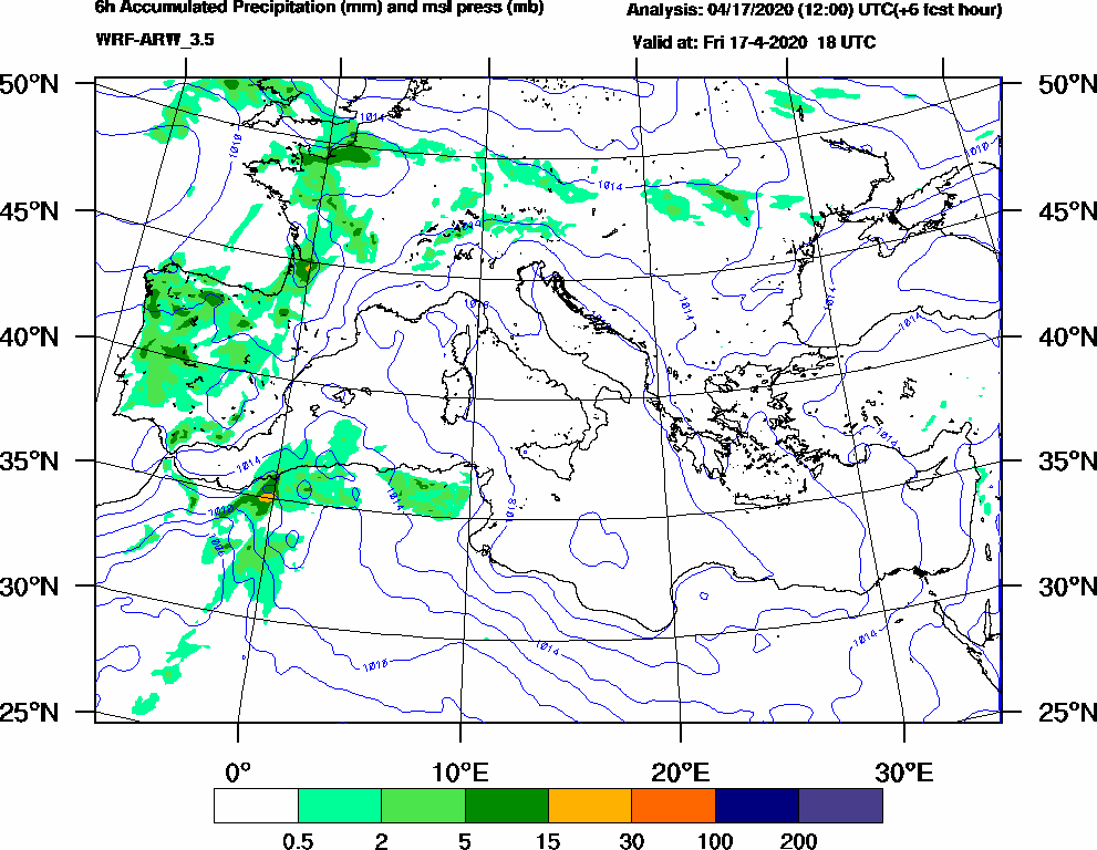 6h Accumulated Precipitation (mm) and msl press (mb) - 2020-04-17 12:00