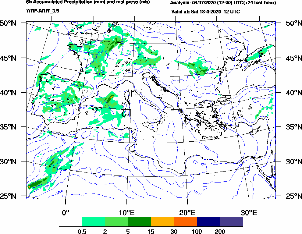 6h Accumulated Precipitation (mm) and msl press (mb) - 2020-04-18 06:00