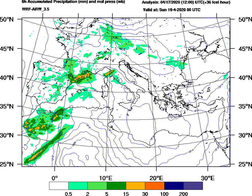 6h Accumulated Precipitation (mm) and msl press (mb) - 2020-04-18 18:00