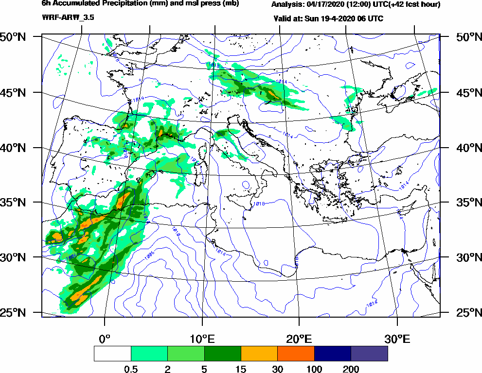 6h Accumulated Precipitation (mm) and msl press (mb) - 2020-04-19 00:00